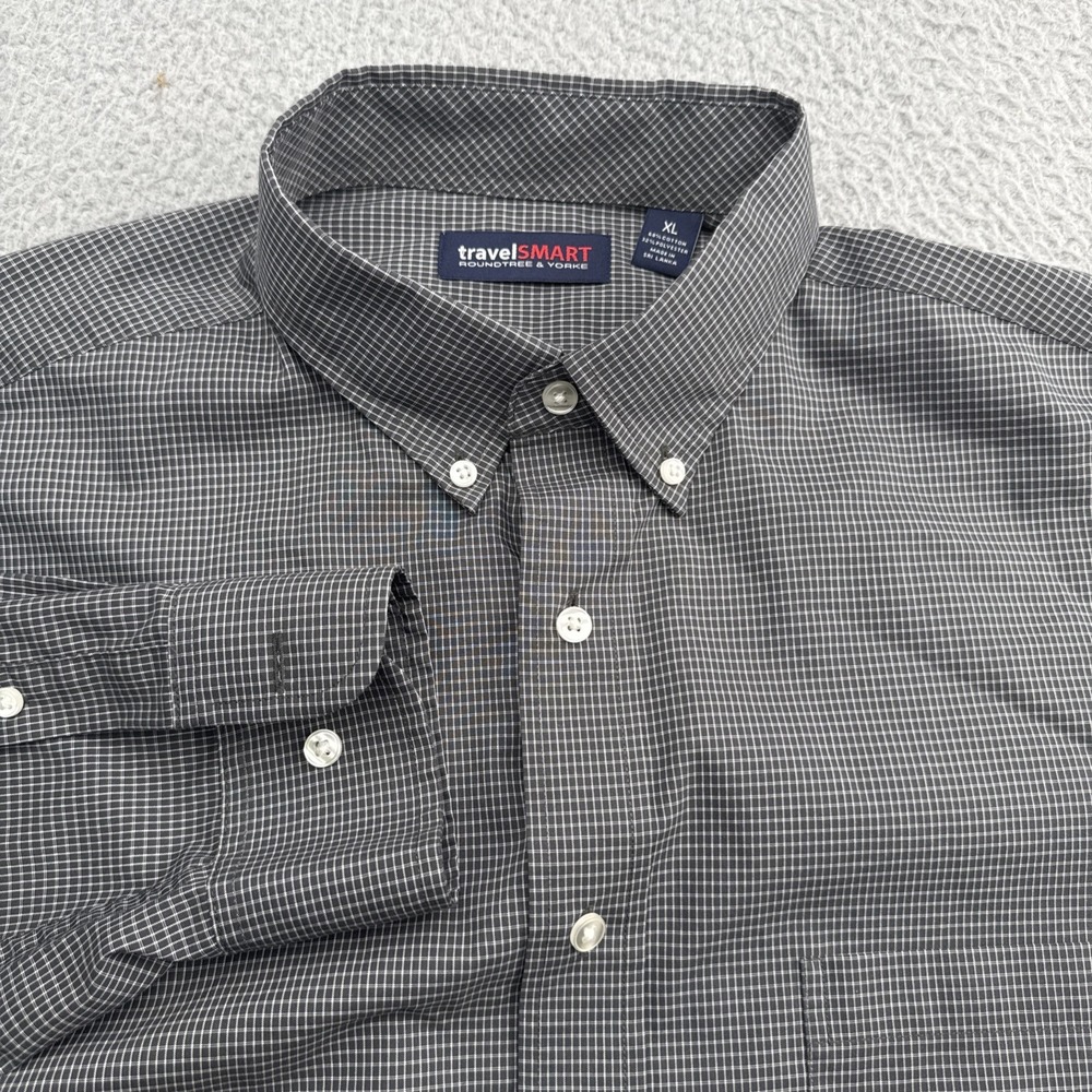 TravelSmart Dress Shirt Mens XL L/S Gray Check Roundtree & Yorke Casual Button